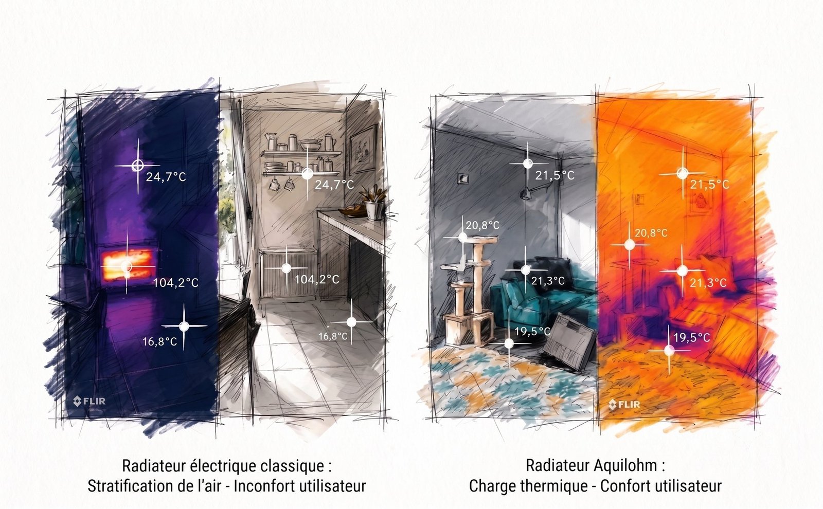 Comparatif thermique : radiateur électrique classique (stratification de l'air, inconfort) face au radiateur Aquilohm (charge thermique, confort)